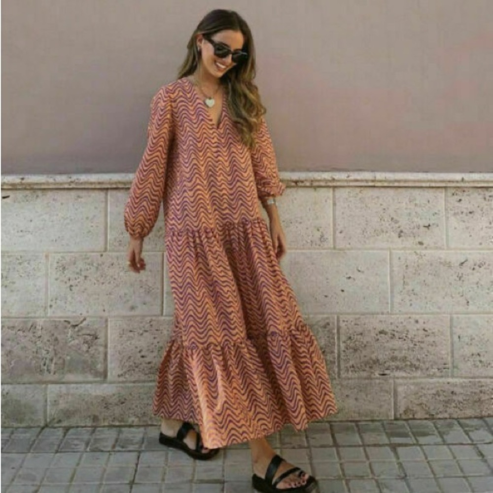 Zara Abstract Printed Midi Dress With‎ Ruffled Hem Blogger’s Favorite